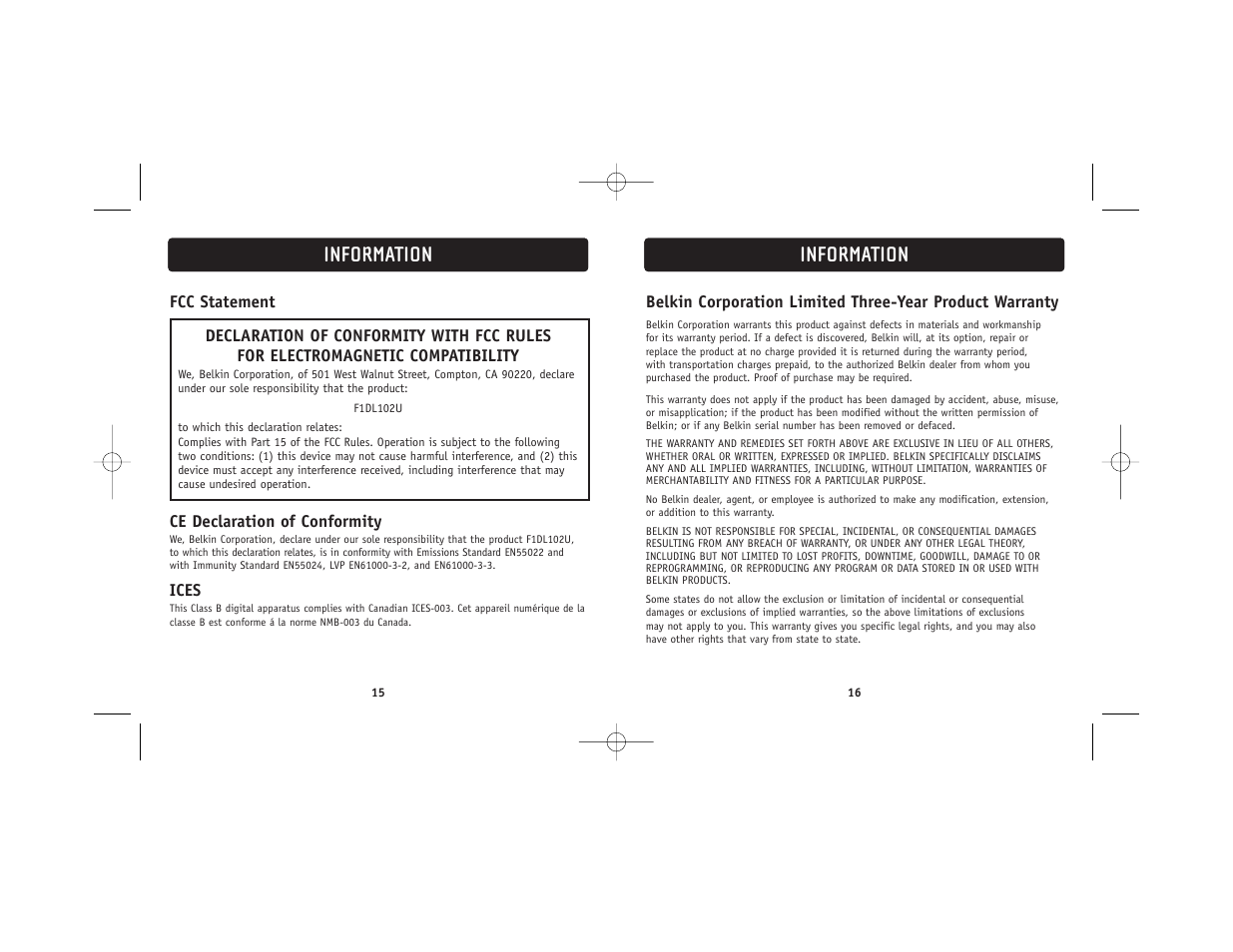 Information | Belkin F1DL102 User Manual | Page 10 / 10