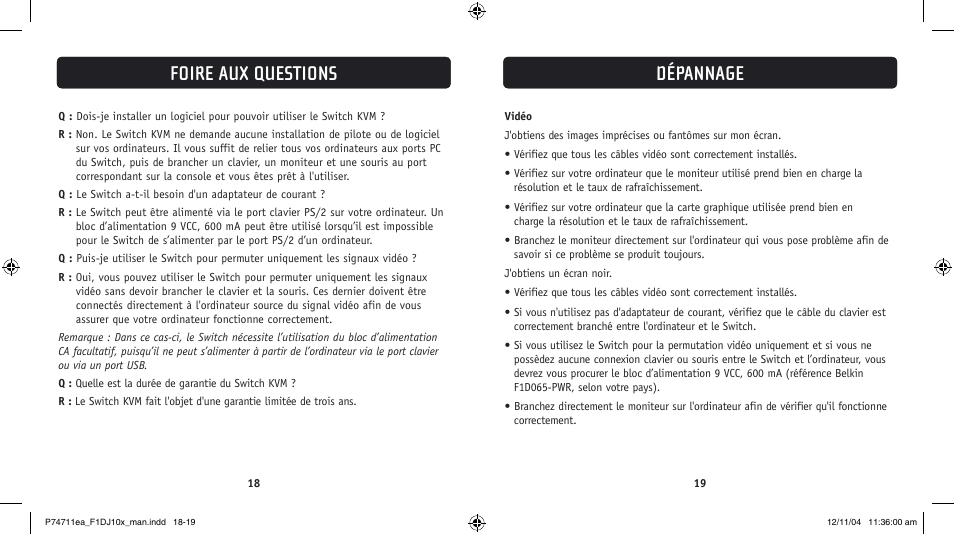 Dépannage, Foire aux questions | Belkin F1DJ104P-B User Manual | Page 26 / 87