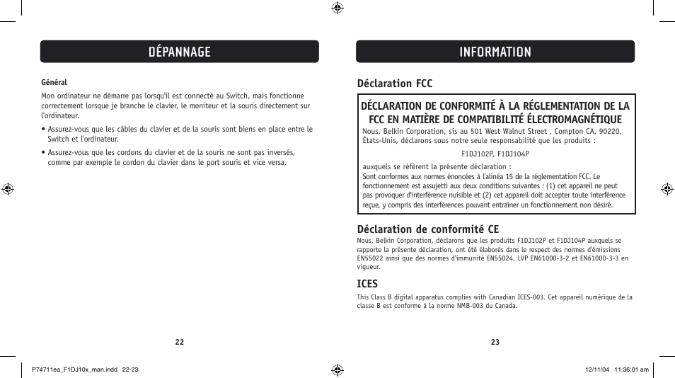 Information, Dépannage, Déclaration de conformité ce | Ices | Belkin F1DJ104P-B User Manual | Page 28 / 87