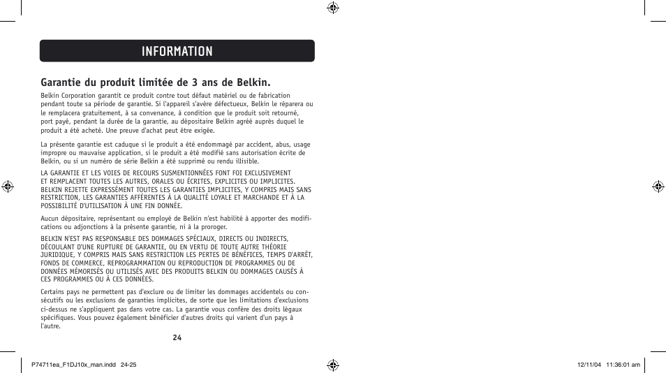 Information, Garantie du produit limitée de 3 ans de belkin | Belkin F1DJ104P-B User Manual | Page 29 / 87