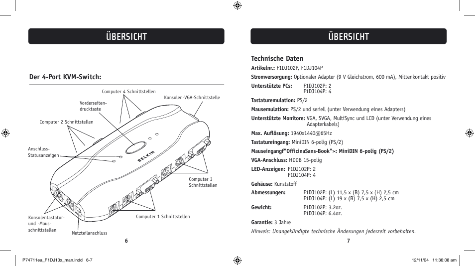Übersicht, Technische daten, Der 4-port kvm-switch | Belkin F1DJ104P-B User Manual | Page 34 / 87