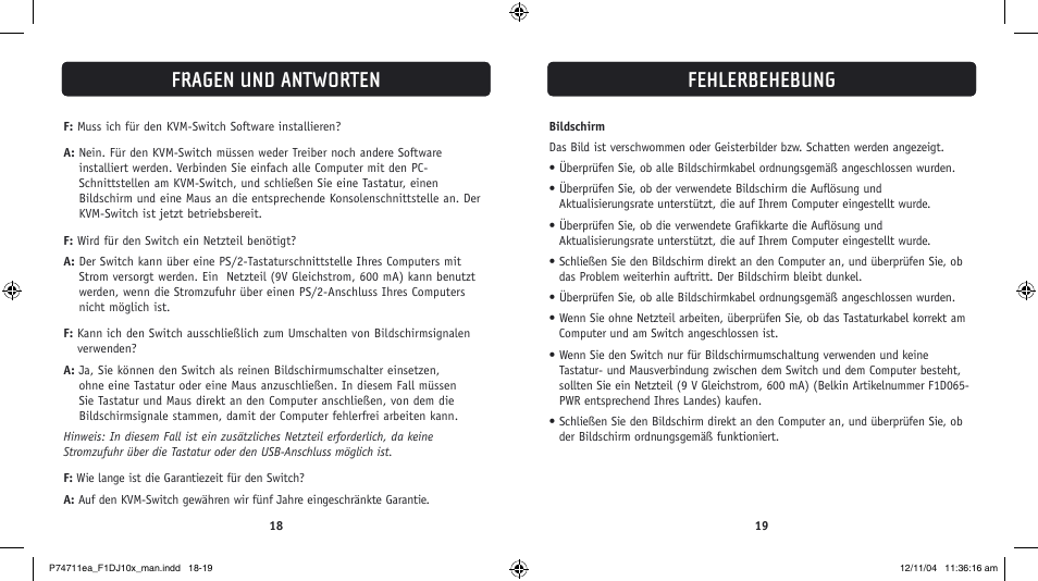 Fehlerbehebung, Fragen und antworten | Belkin F1DJ104P-B User Manual | Page 40 / 87