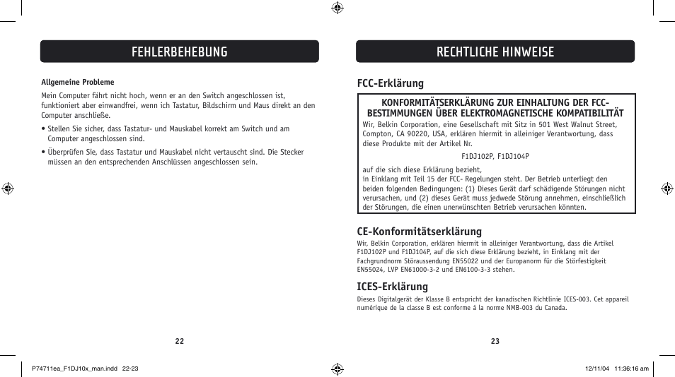 Rechtliche hinweise, Fehlerbehebung, Fcc-erklärung | Ce-konformitätserklärung, Ices-erklärung | Belkin F1DJ104P-B User Manual | Page 42 / 87