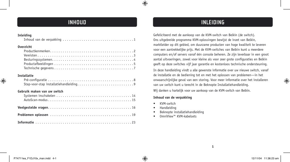 Inleiding, Inhoud | Belkin F1DJ104P-B User Manual | Page 45 / 87