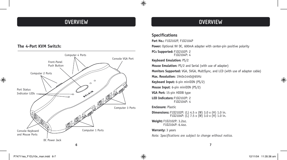 Overview, Specifications, The 4-port kvm switch | Belkin F1DJ104P-B User Manual | Page 6 / 87