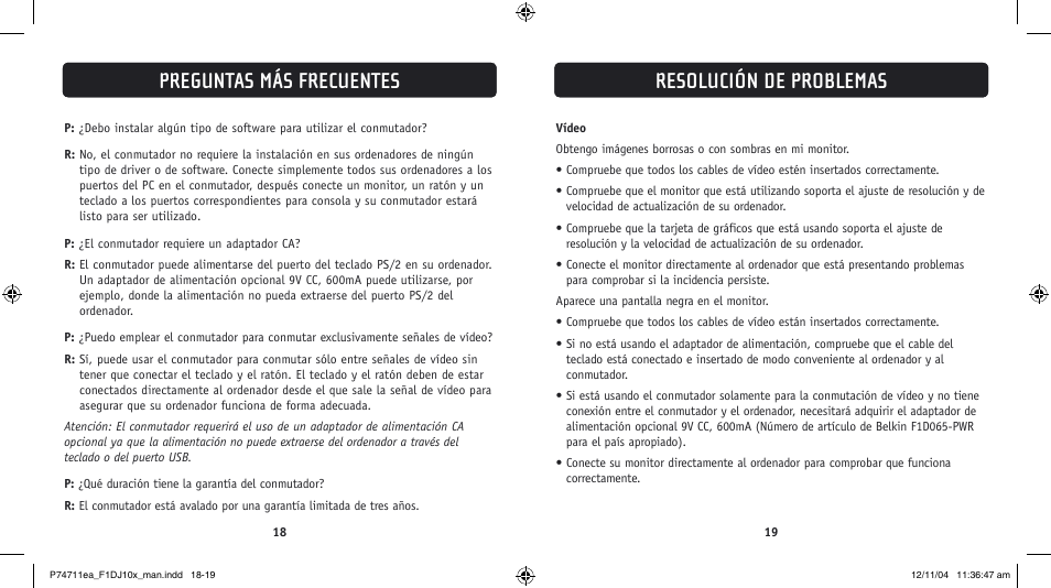 Resolución de problemas, Preguntas más frecuentes | Belkin F1DJ104P-B User Manual | Page 68 / 87