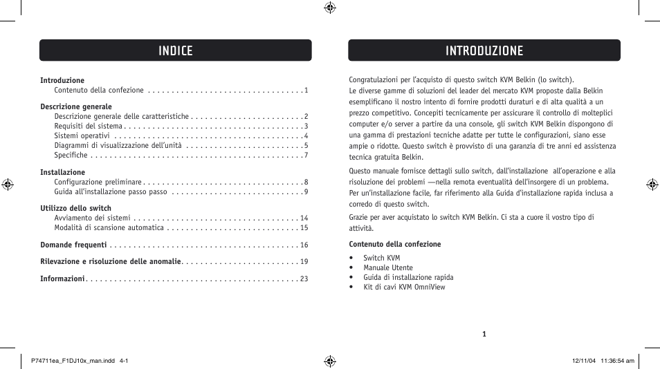 Introduzione, Indice | Belkin F1DJ104P-B User Manual | Page 73 / 87
