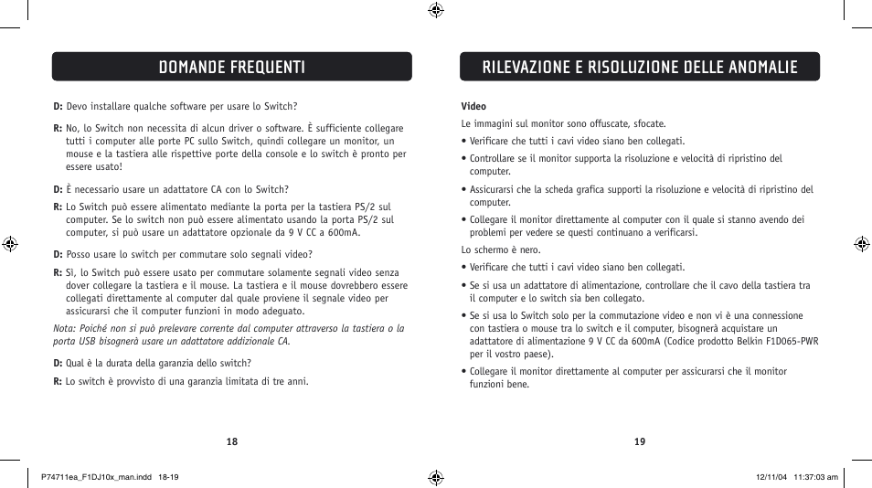 Rilevazione e risoluzione delle anomalie, Domande frequenti | Belkin F1DJ104P-B User Manual | Page 82 / 87
