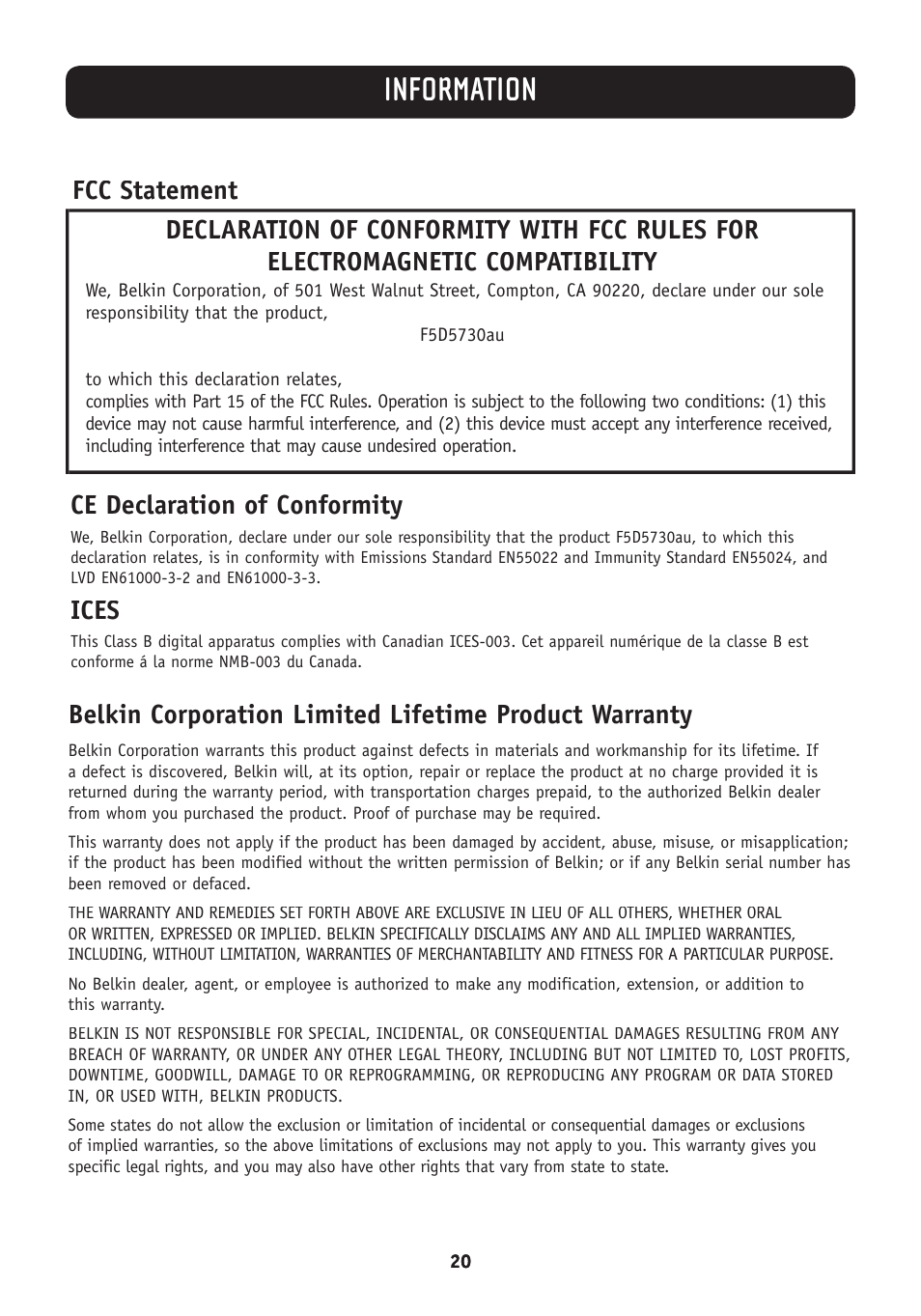 Information, Ce declaration of conformity, Ices | Belkin F5D5730au User Manual | Page 23 / 23
