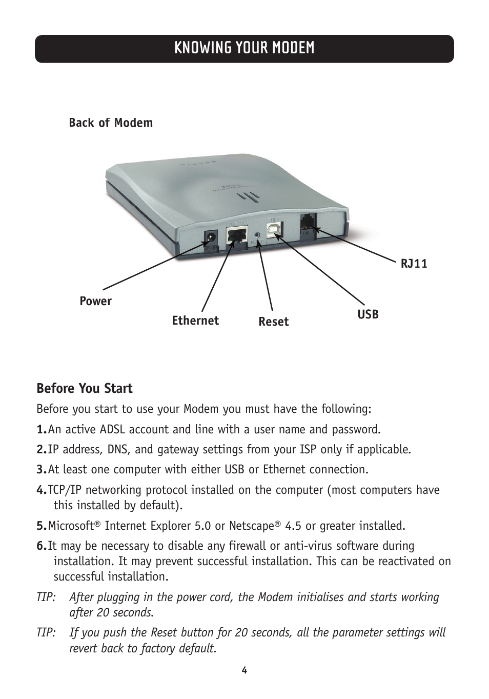 Knowing your modem | Belkin F5D5730au User Manual | Page 7 / 23