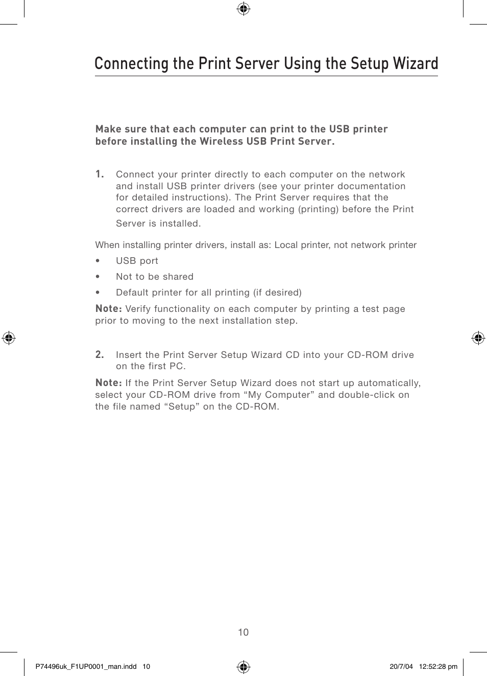 Connecting the print server using the setup wizard | Belkin F1UP0001 User Manual | Page 12 / 53