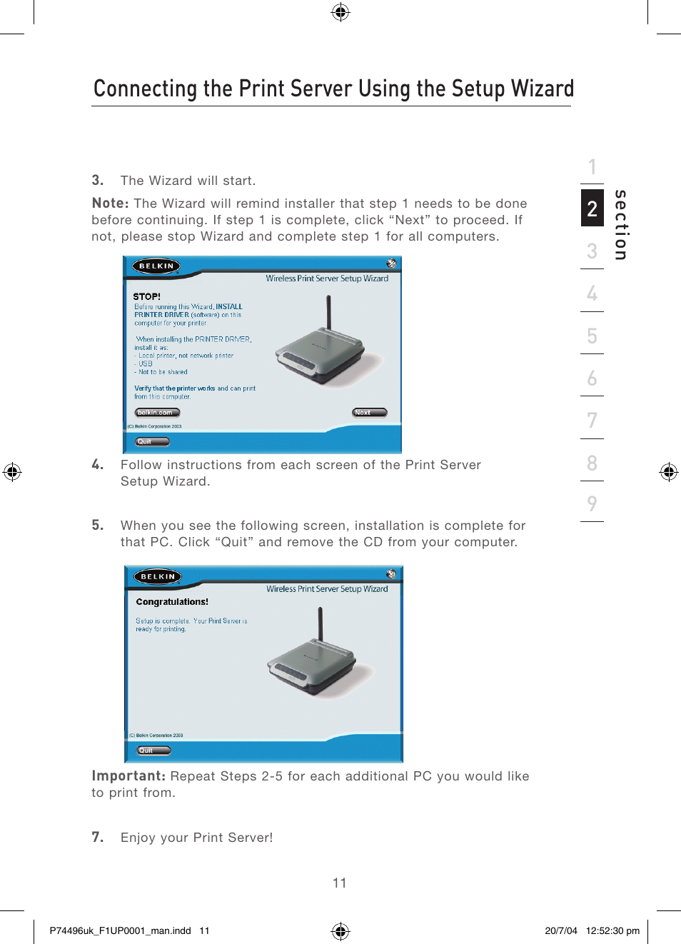 Connecting the print server using the setup wizard, Se ct io n | Belkin F1UP0001 User Manual | Page 13 / 53