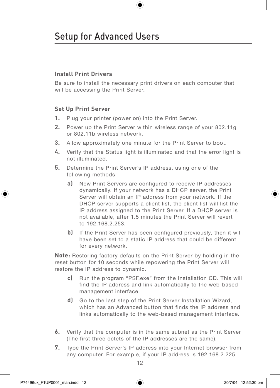 Setup for advanced users | Belkin F1UP0001 User Manual | Page 14 / 53