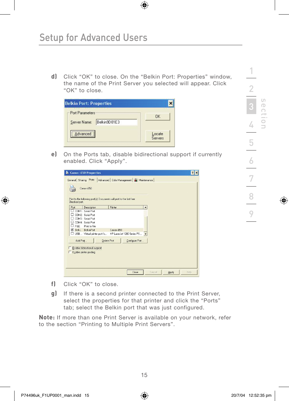 Setup for advanced users, Se ct io n | Belkin F1UP0001 User Manual | Page 17 / 53