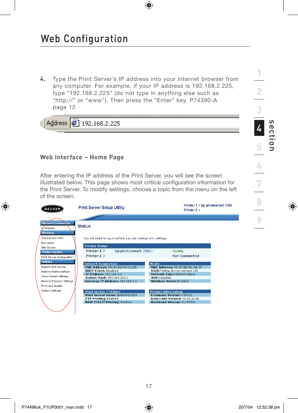 Web configuration | Belkin F1UP0001 User Manual | Page 19 / 53