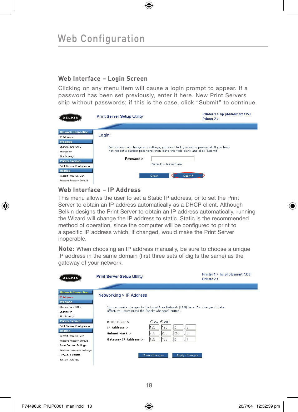 Web configuration | Belkin F1UP0001 User Manual | Page 20 / 53