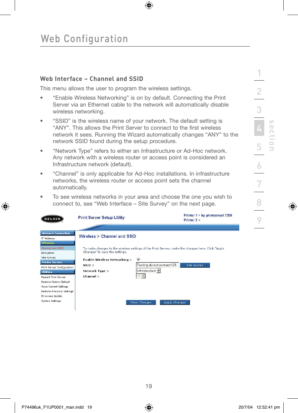 Web configuration, Se ct io n | Belkin F1UP0001 User Manual | Page 21 / 53