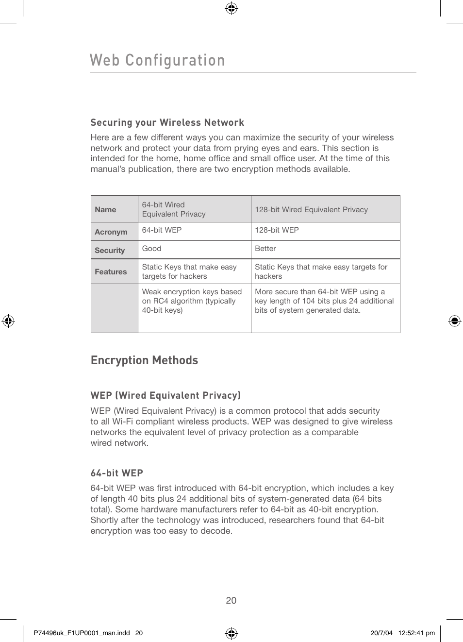 Web configuration, Encryption methods | Belkin F1UP0001 User Manual | Page 22 / 53