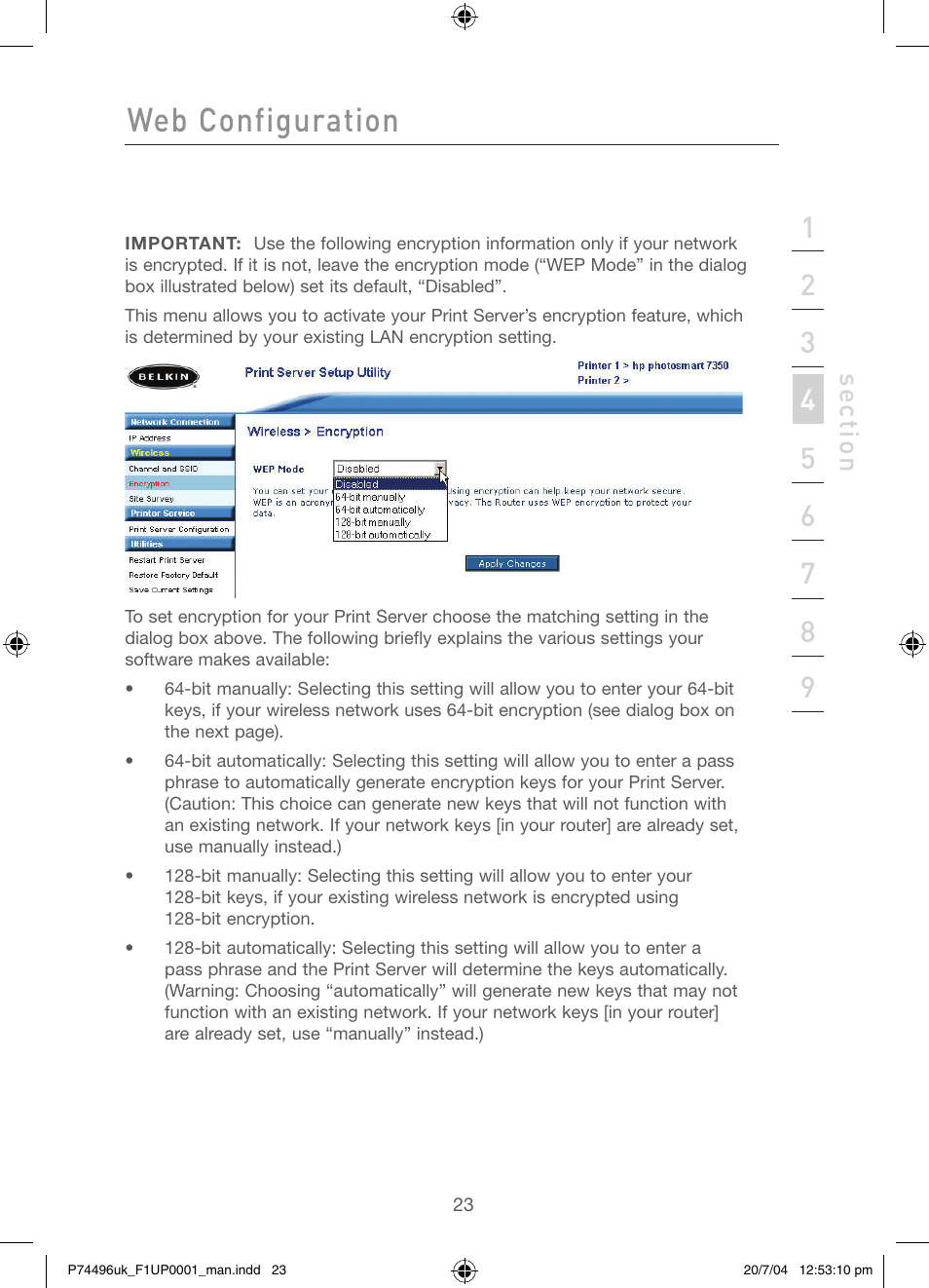 Web configuration, Se ct io n | Belkin F1UP0001 User Manual | Page 25 / 53