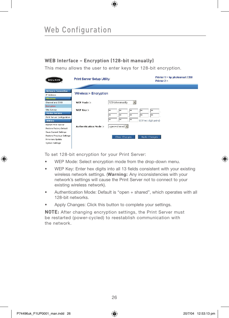 Web configuration | Belkin F1UP0001 User Manual | Page 28 / 53