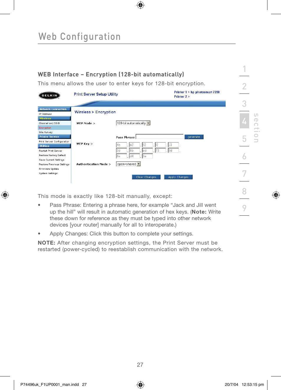 Web configuration | Belkin F1UP0001 User Manual | Page 29 / 53