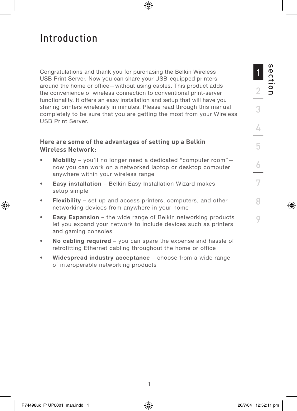 Introduction, Se ct io n | Belkin F1UP0001 User Manual | Page 3 / 53