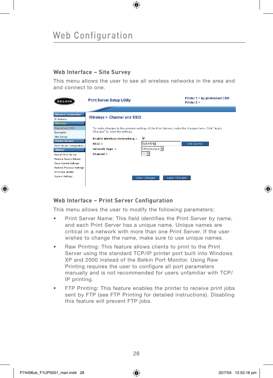 Web configuration | Belkin F1UP0001 User Manual | Page 30 / 53