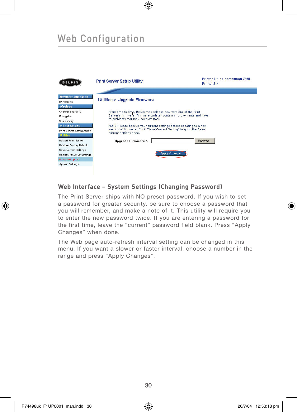 Web configuration | Belkin F1UP0001 User Manual | Page 32 / 53