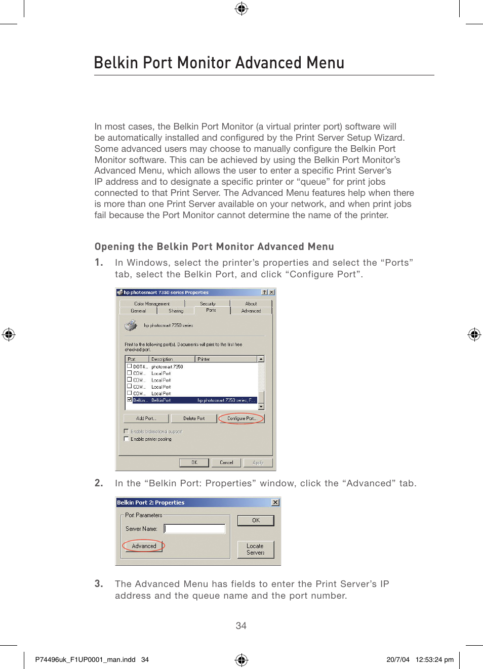 Belkin port monitor advanced menu | Belkin F1UP0001 User Manual | Page 36 / 53