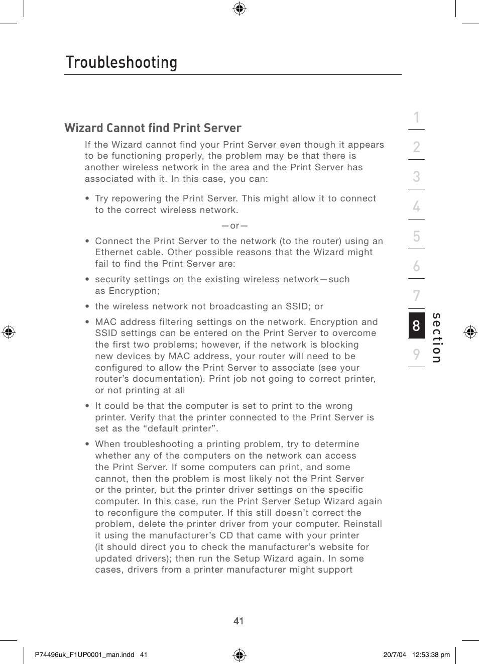 Troubleshooting, Using the print server for ftp printing, Se ct io n | Belkin F1UP0001 User Manual | Page 43 / 53