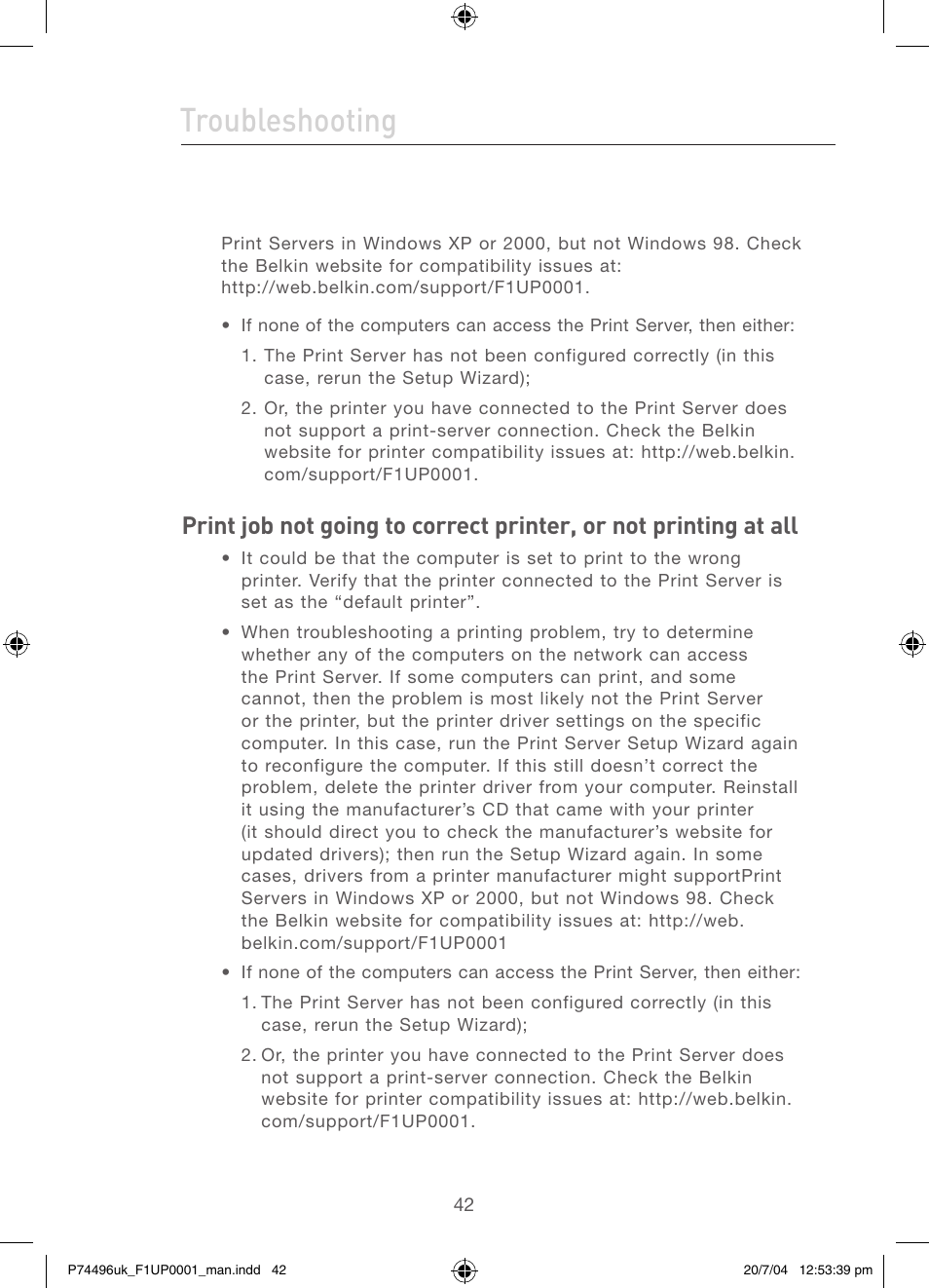 Troubleshooting | Belkin F1UP0001 User Manual | Page 44 / 53