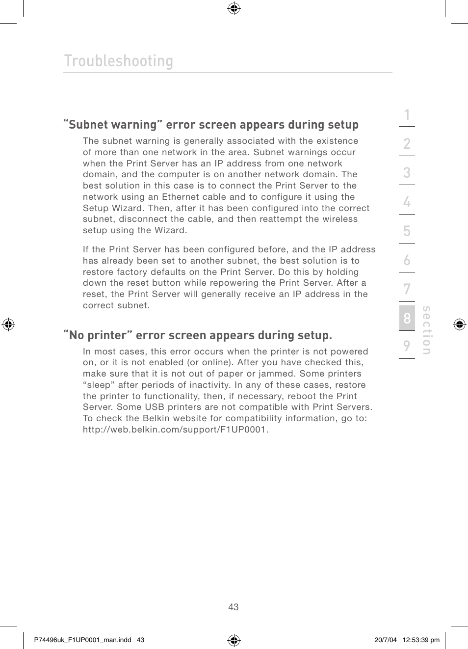 Troubleshooting | Belkin F1UP0001 User Manual | Page 45 / 53