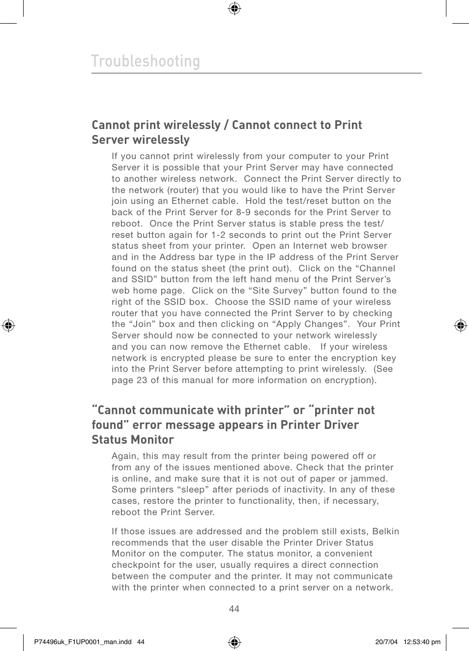 Troubleshooting | Belkin F1UP0001 User Manual | Page 46 / 53