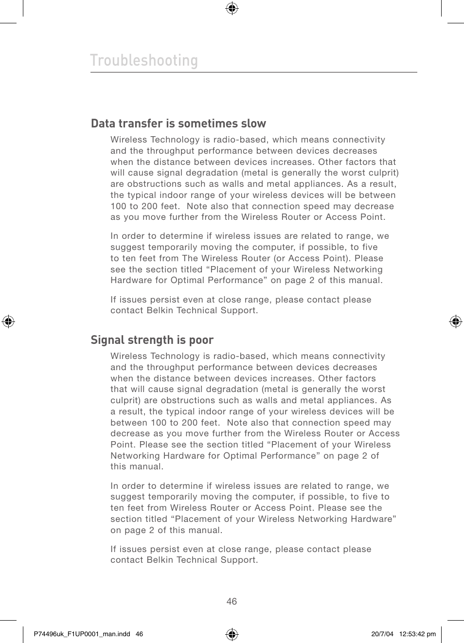 Troubleshooting, Data transfer is sometimes slow, Signal strength is poor | Belkin F1UP0001 User Manual | Page 48 / 53