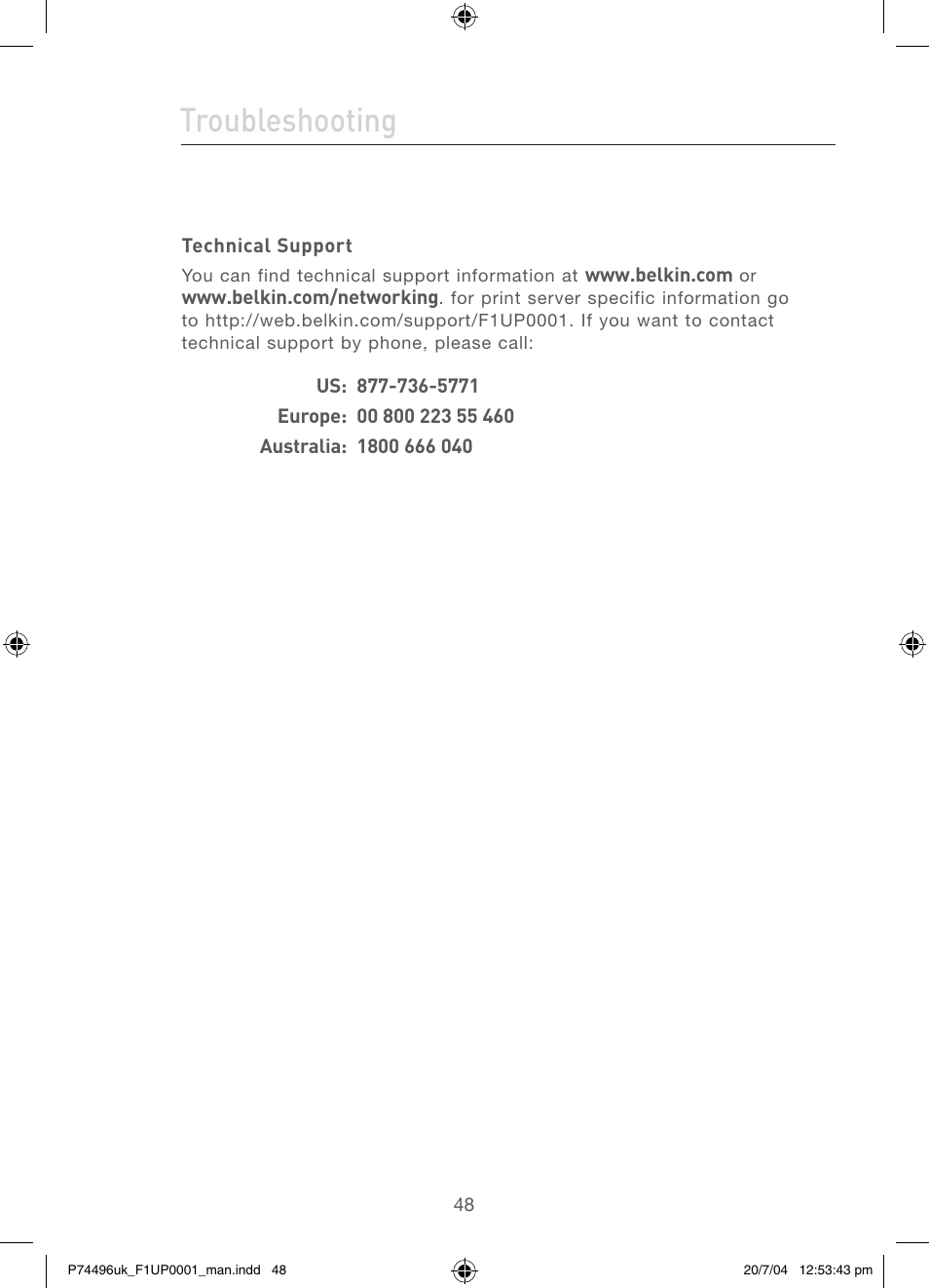 Troubleshooting | Belkin F1UP0001 User Manual | Page 50 / 53