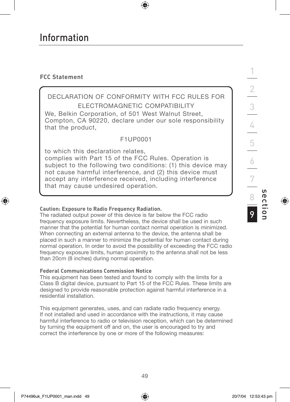 Information, Troubleshooting, Se ct io n | Belkin F1UP0001 User Manual | Page 51 / 53