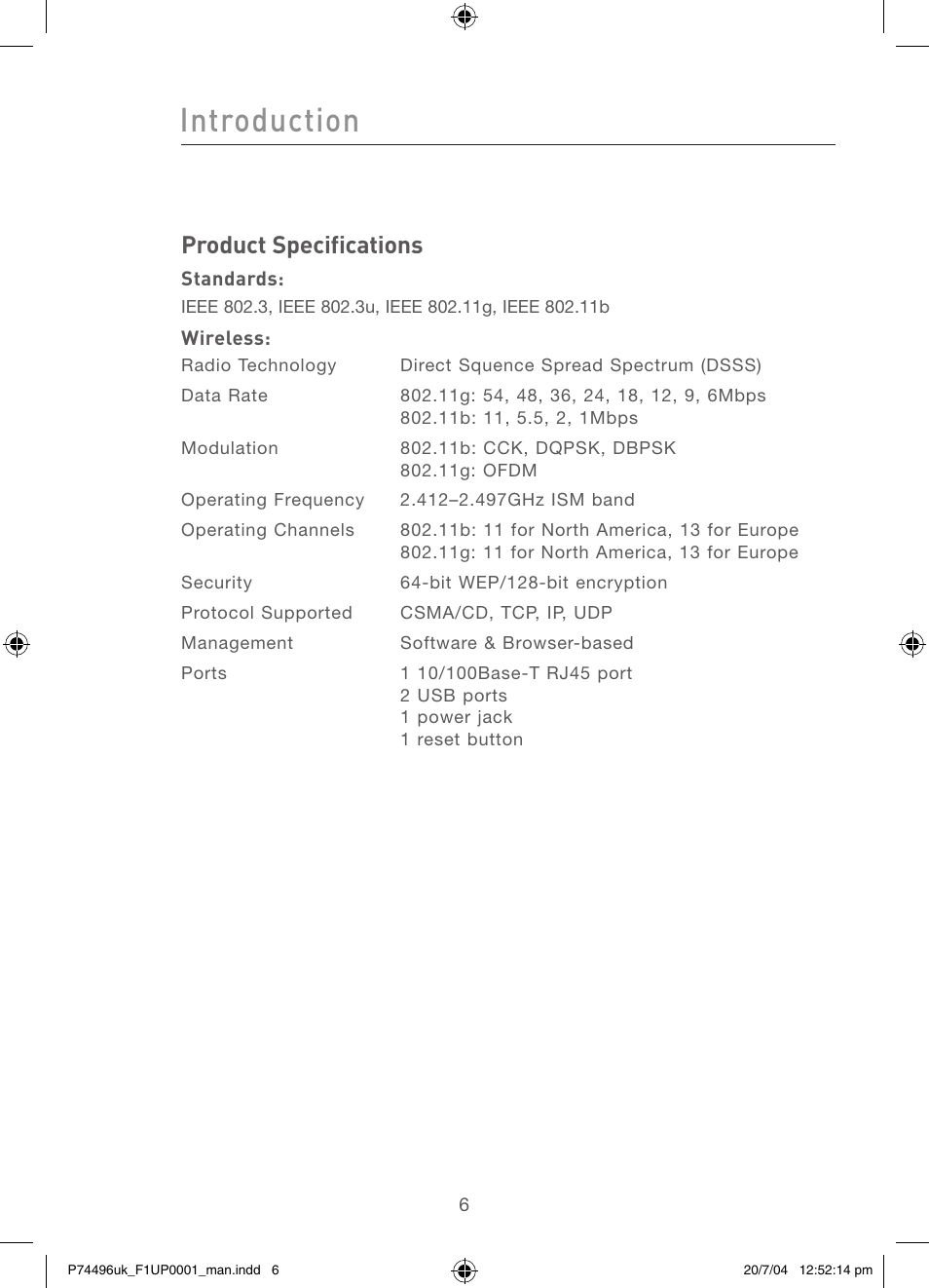 Introduction, Product specifications | Belkin F1UP0001 User Manual | Page 8 / 53