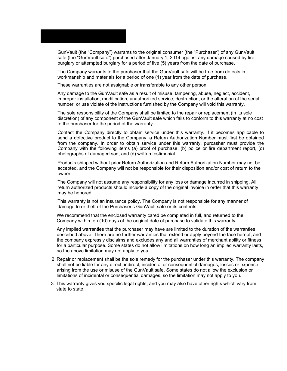 Limited warranty | GunVault MVB 1000 User Manual | Page 9 / 12