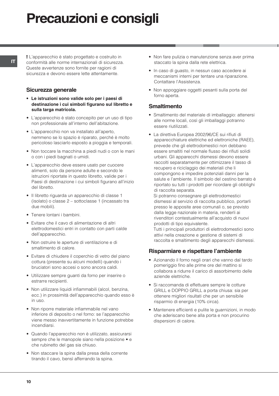 Precauzioni e consigli, Sicurezza generale, Smaltimento | Risparmiare e rispettare lambiente | Hotpoint Ariston C 34S N1 R/HA User Manual | Page 10 / 36