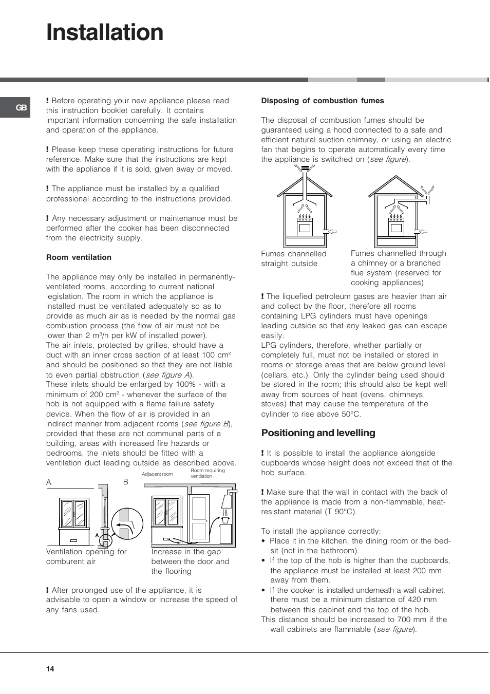 Installation, Positioning and levelling | Hotpoint Ariston C 34S N1 R/HA User Manual | Page 14 / 36