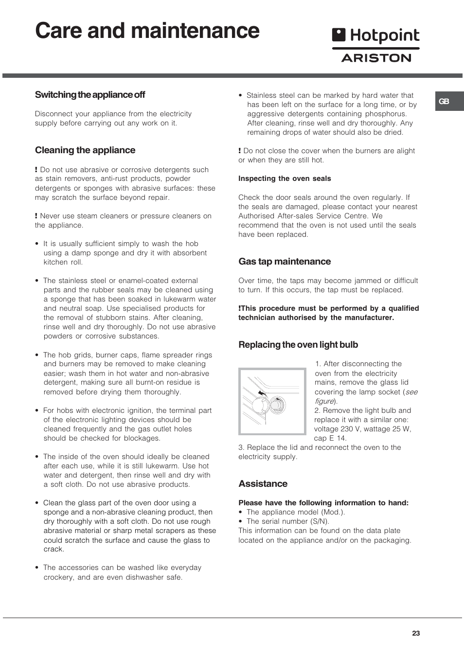 Care and maintenance | Hotpoint Ariston C 34S N1 R/HA User Manual | Page 23 / 36