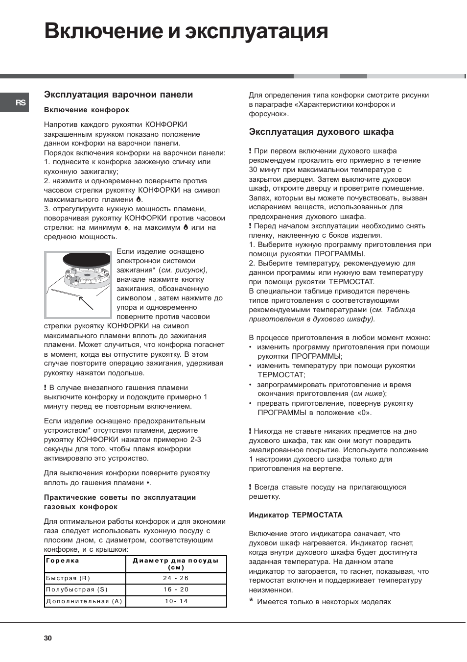 Включение и эксплуатация, Эксплуатация варочнои панели, Эксплуатация духового шкафа | Hotpoint Ariston C 34S N1 R/HA User Manual | Page 30 / 36