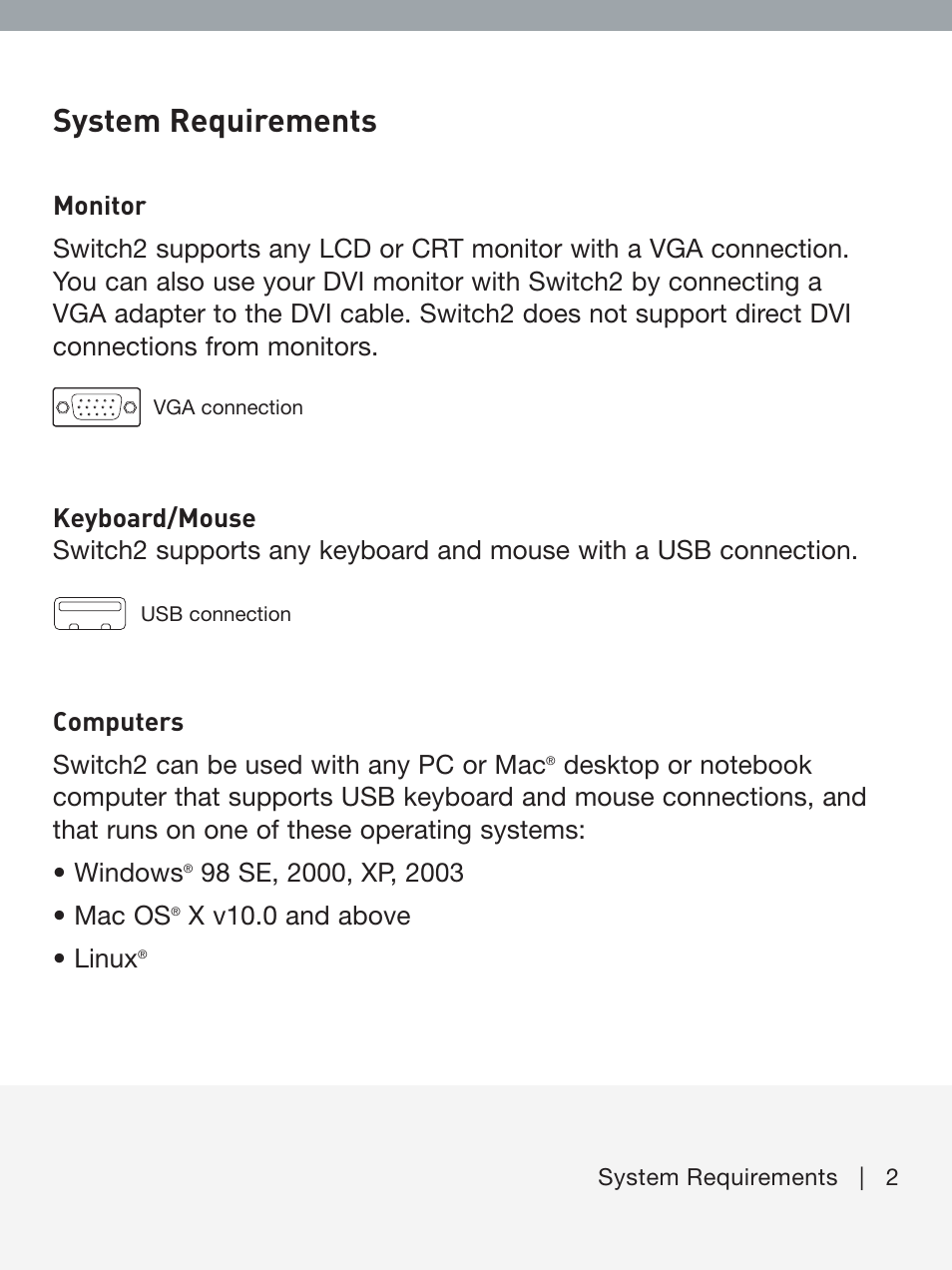 System requirements, X v10.0 and above • linux | Belkin F1DF102UEA User Manual | Page 3 / 40