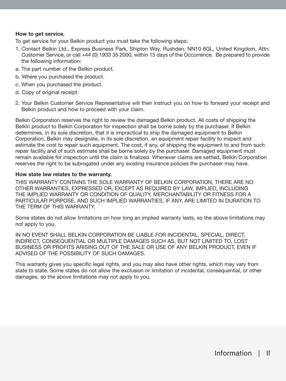 Information | ii | Belkin F1DF102UEA User Manual | Page 38 / 40