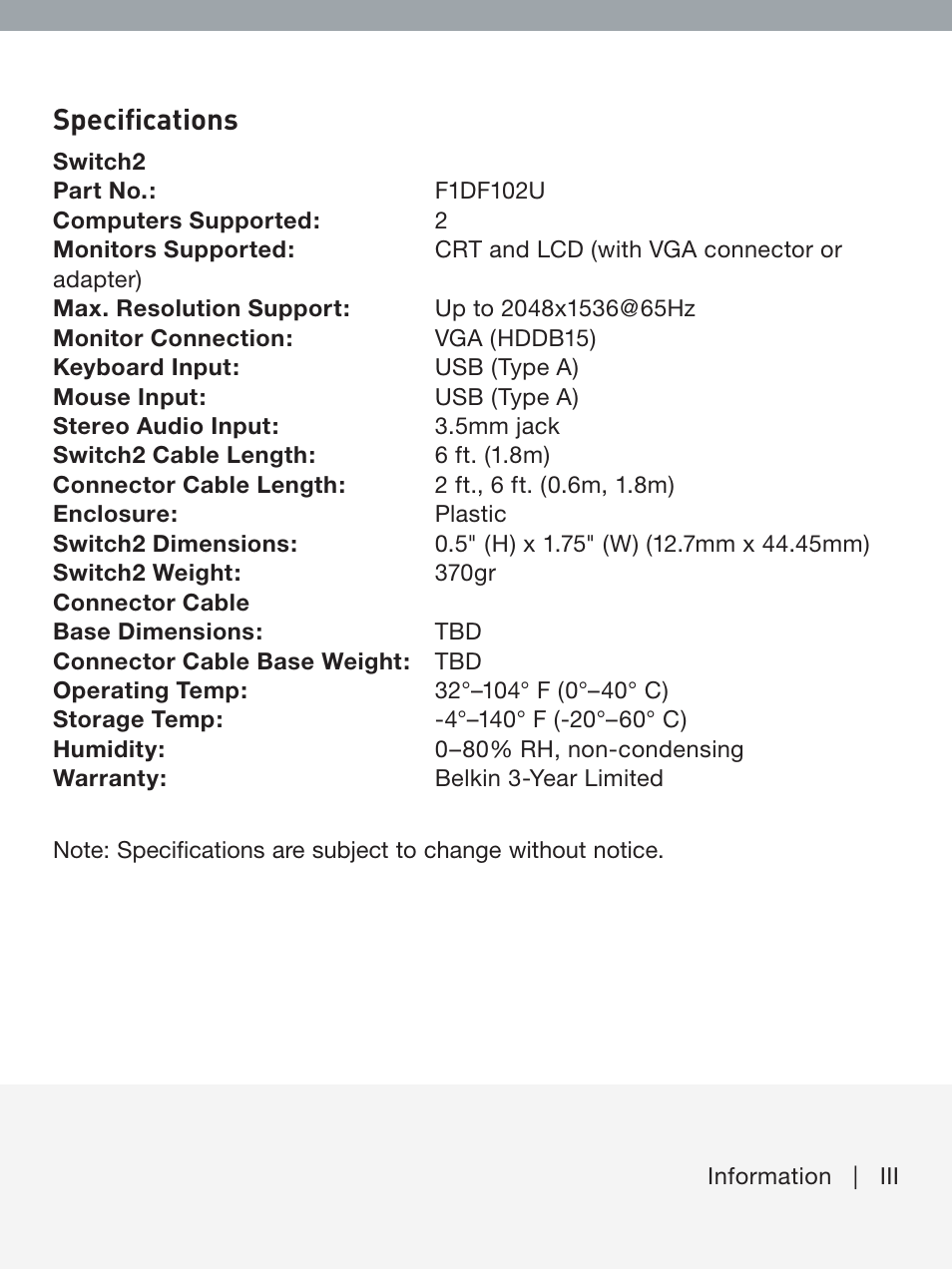 Speciﬁcations | Belkin F1DF102UEA User Manual | Page 39 / 40