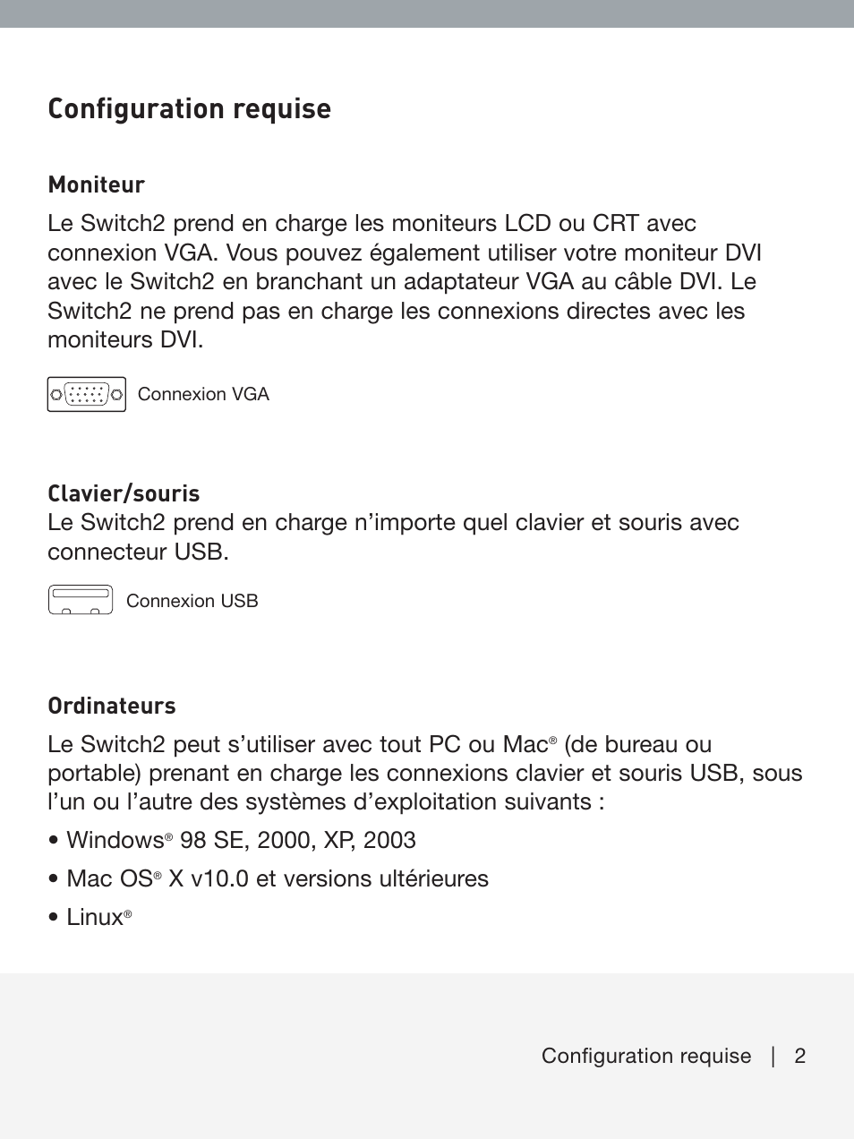 Conﬁguration requise, X v10.0 et versions ultérieures • linux | Belkin F1DF102UEA User Manual | Page 9 / 40