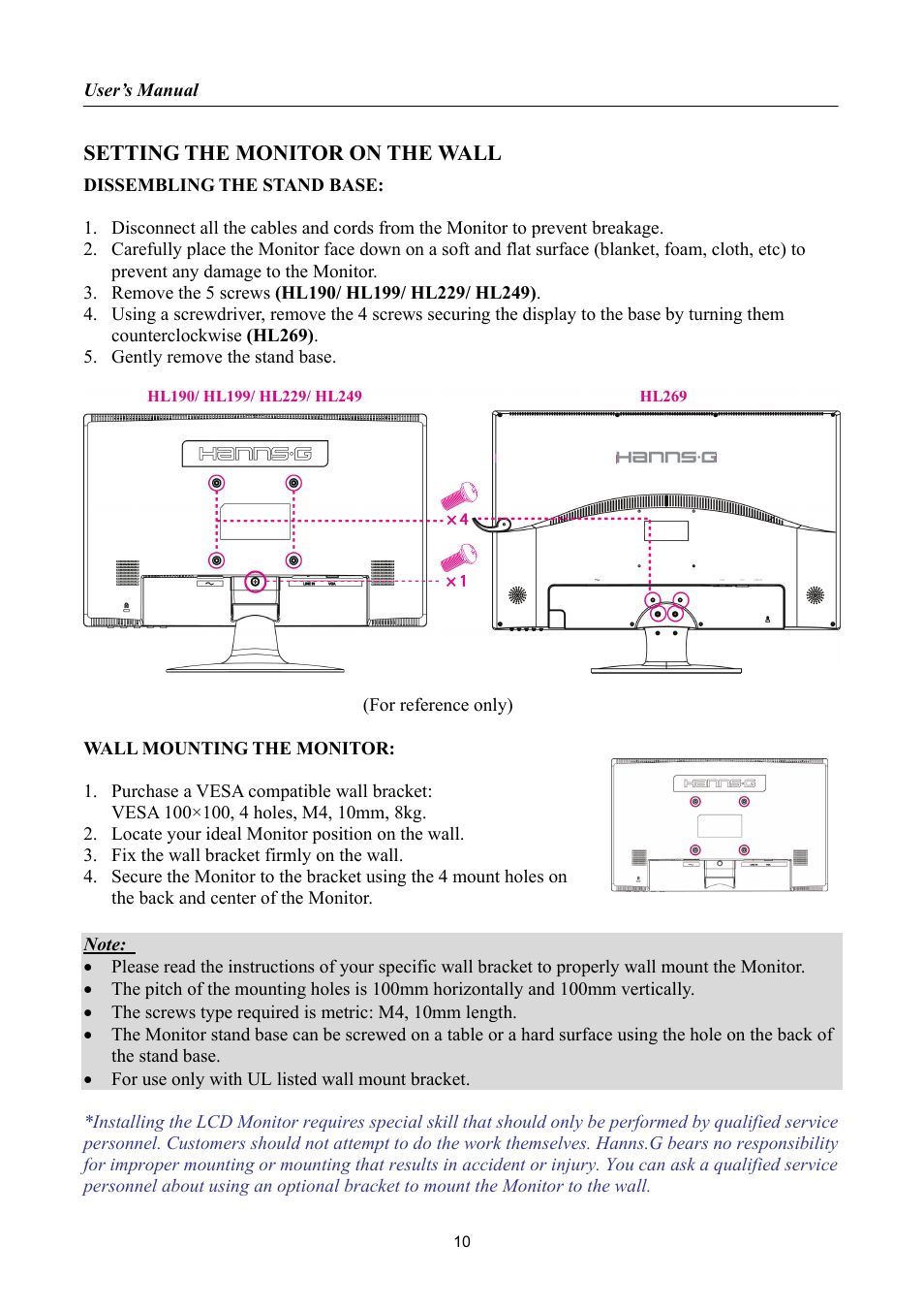 Setting the monitor on the wall | Hanns.G HL269 User Manual | Page 10 / 28