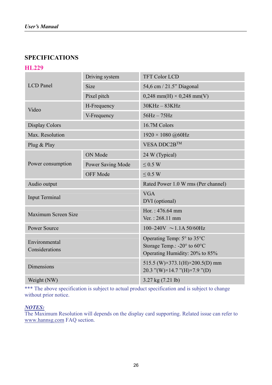 Specifications, Hl229 | Hanns.G HL269 User Manual | Page 26 / 28