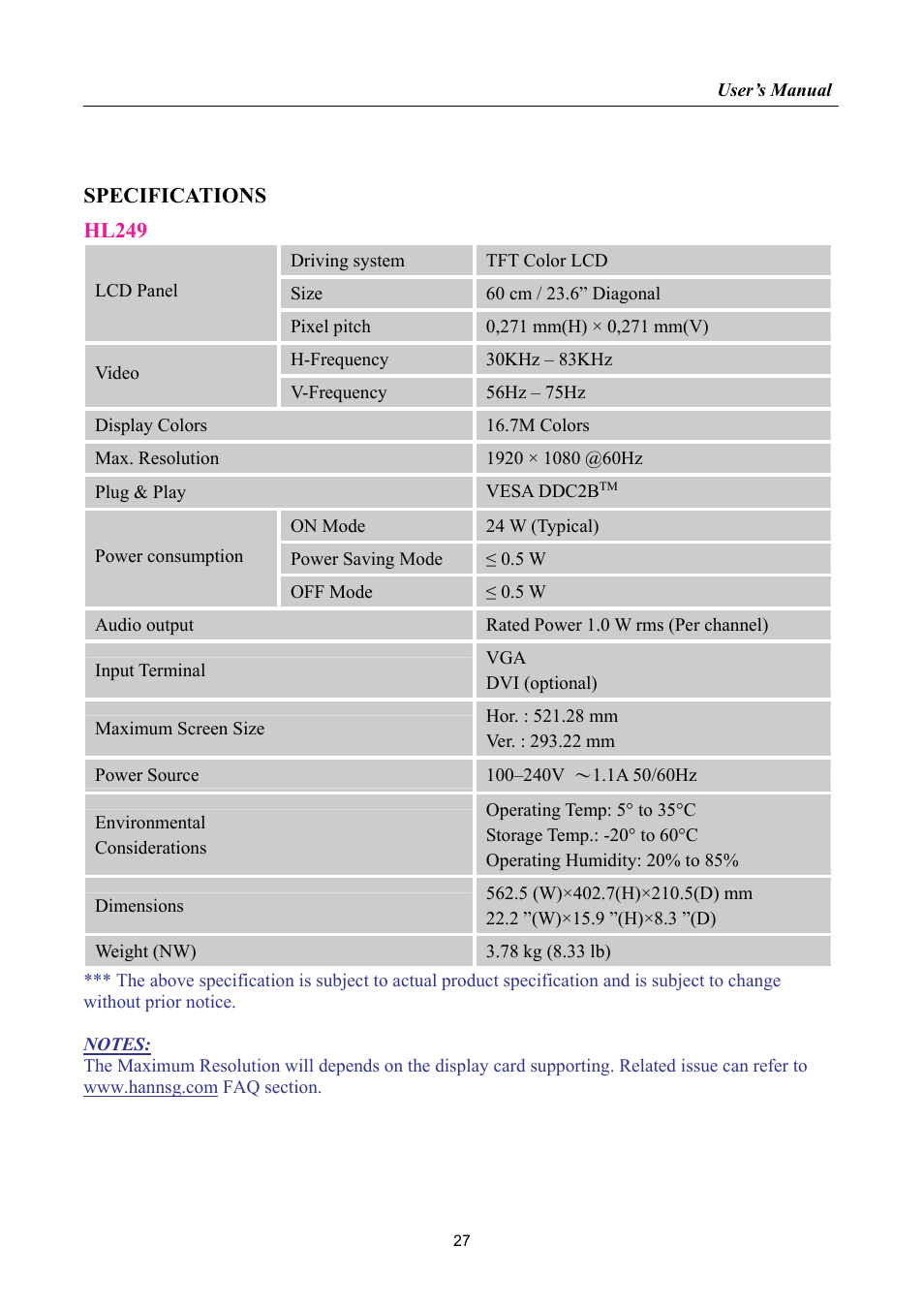 Specifications, Hl249 | Hanns.G HL269 User Manual | Page 27 / 28