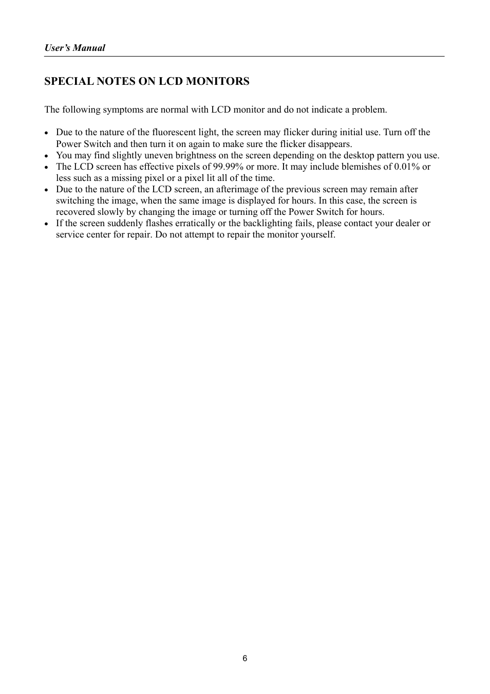 Special notes on lcd monitors | Hanns.G HL269 User Manual | Page 6 / 28